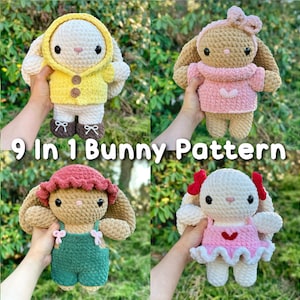 9 in 1 Bunny Plushie, Clothes & Accessories Crochet Pattern | Hat, Bow, Headband, Boots, Dress, Overalls, Sweater and Coat