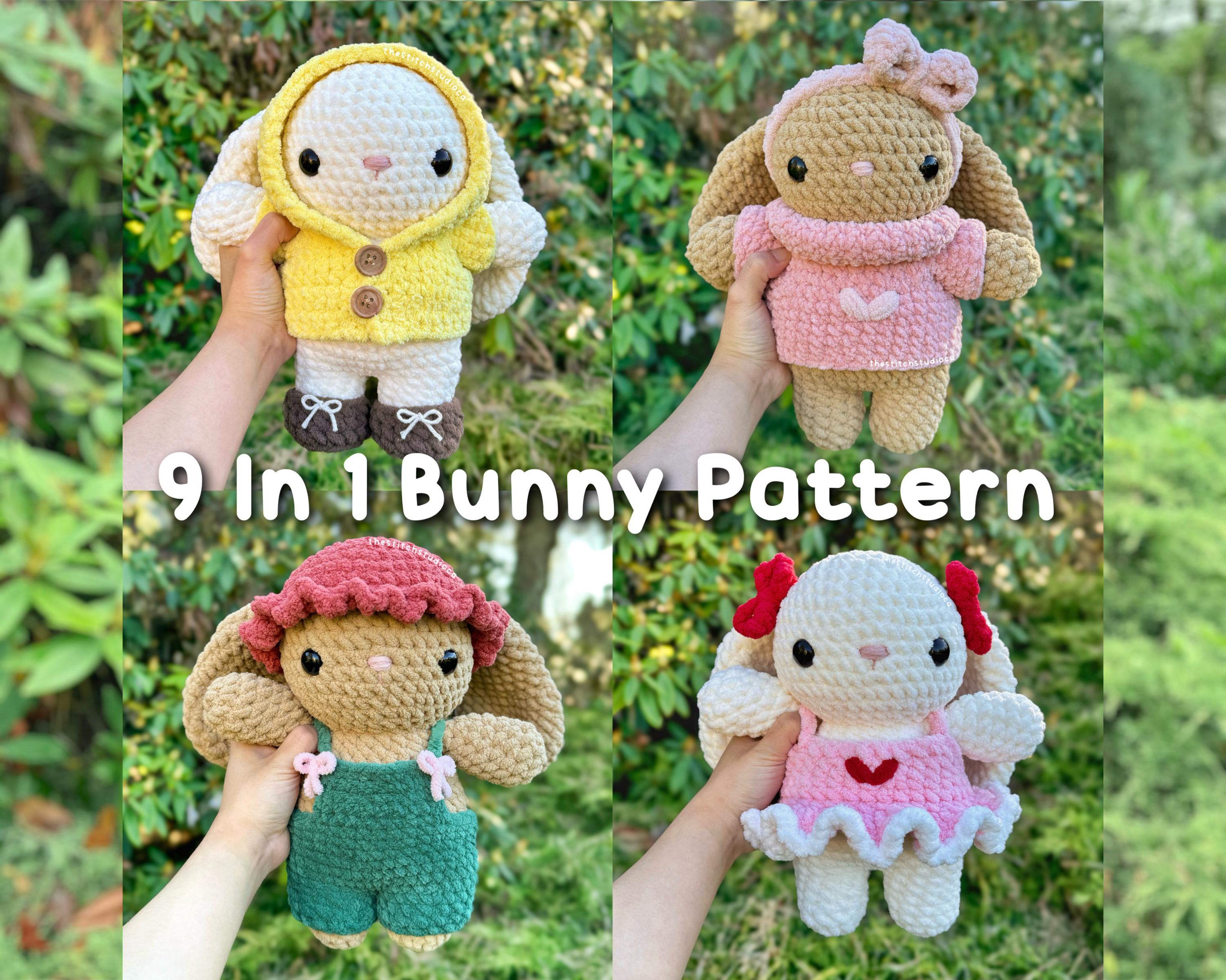 9 in 1 Bunny Plushie, Kleidung & Accessoires Häkelanleitung | Hut, Fliege, Stirnband, Stiefel, Kleid, Overall, Pullover und Mantel