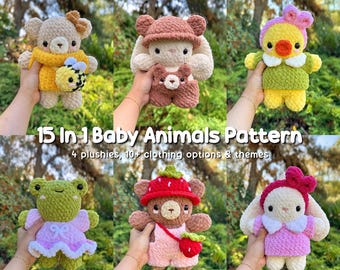 15-in-1 babyknuffels in verwisselbare kleding gehaakte patroonbundel | Konijntje, beer, kikker, eend