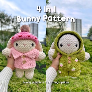 4 in 1 Bunny Plushie In Pajamas, Collared Coat and Beanie Crochet Pattern Bundle