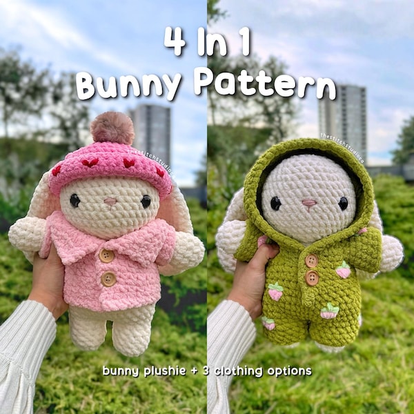 4 in 1 Bunny Plushie In Pajamas, Collared Coat and Beanie Crochet Pattern Bundle