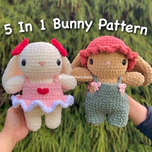 PATTERN - 5 in 1 Bunny Plushie & Accessories Crochet Pattern SET 1 | Hat, Bows, Overalls and Dress