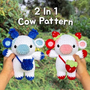 2 in 1 Cow Plushie Crochet Pattern | Strawberry Cow and Blueberry Cow | Amigurumi Fruit Cows