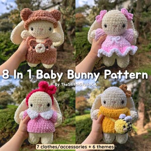 8 i 1 Babykanin i kläder och accessoarer Virkmönster | Klänning, Overall, Rosett, Tröja, Mössa, Pannband