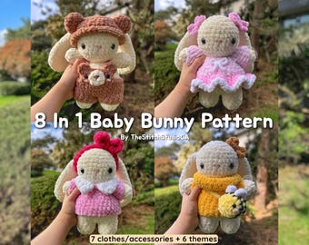 May include: A crochet pattern for making eight different baby bunny plushies. The pattern includes seven different outfits and six different themes. The pattern is available for download.