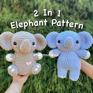 Może przedstawiać: Dwa wzory amigurumi słonia na szydełku, jeden szary, a drugi niebieski, z różowymi akcentami. Wzór nazywa się "2 w 1 Wzór słonia".
