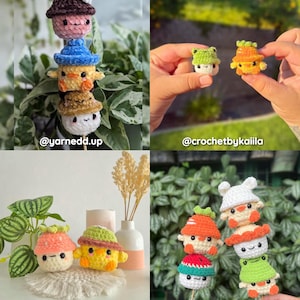Pu&ograve; includere: Una collezione di colorate figure amigurumi all'uncinetto fatte a mano. Le figure includono un fungo, una rana, una carota e un cupcake, ognuno con dettagli unici. L'immagine include il testo "@yarnedd.up", "@crochetbykaiila", "@kiwoo.crochet" e "@yarnhaven.ph".
