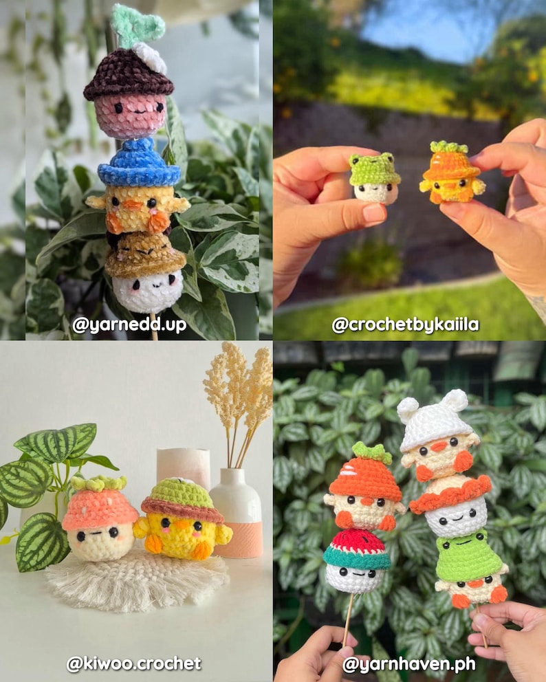 Pu&ograve; includere: Una collezione di colorate figure amigurumi all'uncinetto fatte a mano. Le figure includono un fungo, una rana, una carota e un cupcake, ognuno con dettagli unici. L'immagine include il testo "@yarnedd.up", "@crochetbykaiila", "@kiwoo.crochet" e "@yarnhaven.ph".