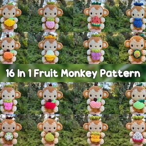 16 In 1 Baby Fruit Monkey Crochet Pattern | Sitting Plushie | Strawberry, Avocado, Dragonfruit, Banana, Peach, Watermelon, Grape
