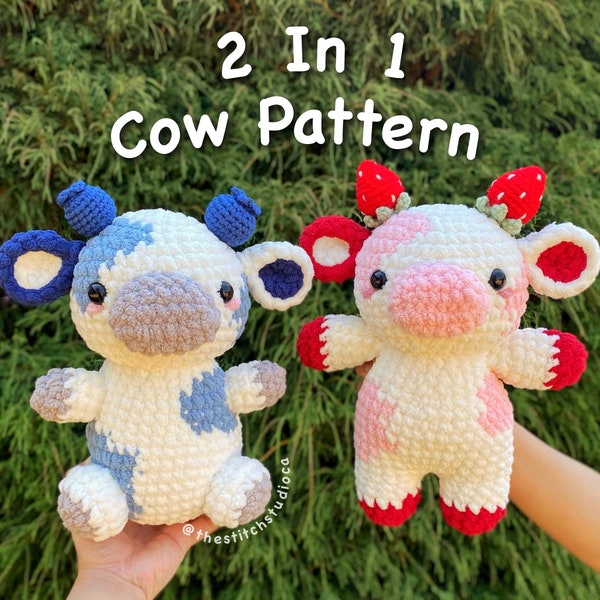 PATTERN - 2 in 1 Cow Plushie Crochet Pattern | Strawberry Cow and Blueberry Cow | Sitting and Standing Pattern