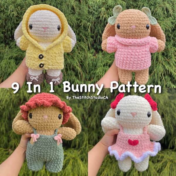 PATROON - 9 in 1 Bunny Plushie & Accessoires haakpatroon | Hoed, strik, bladspruitaccessoire, laarzen, jurk, overall, trui en regenjas