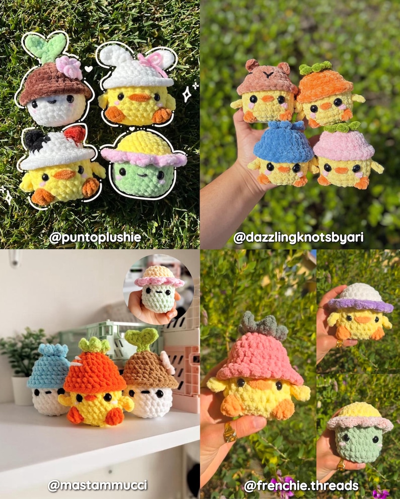 Pu&ograve; includere: Una collezione di peluche all'uncinetto fatti a mano a forma di pulcini, ognuno con un cappello diverso. I pulcini sono gialli con zampe e becchi arancioni. I cappelli sono di vari colori, tra cui marrone, bianco, blu e rosa.