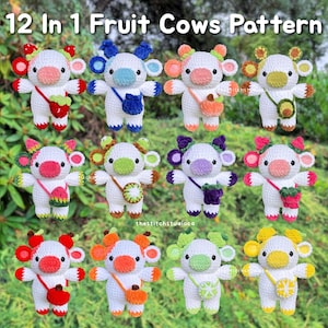 12 in 1 Fruit Cows Plushie Crochet Pattern | Strawberry, Blueberry, Peach, Avocado, Watermelon, Kiwi, Apple, Grape, Raspberry