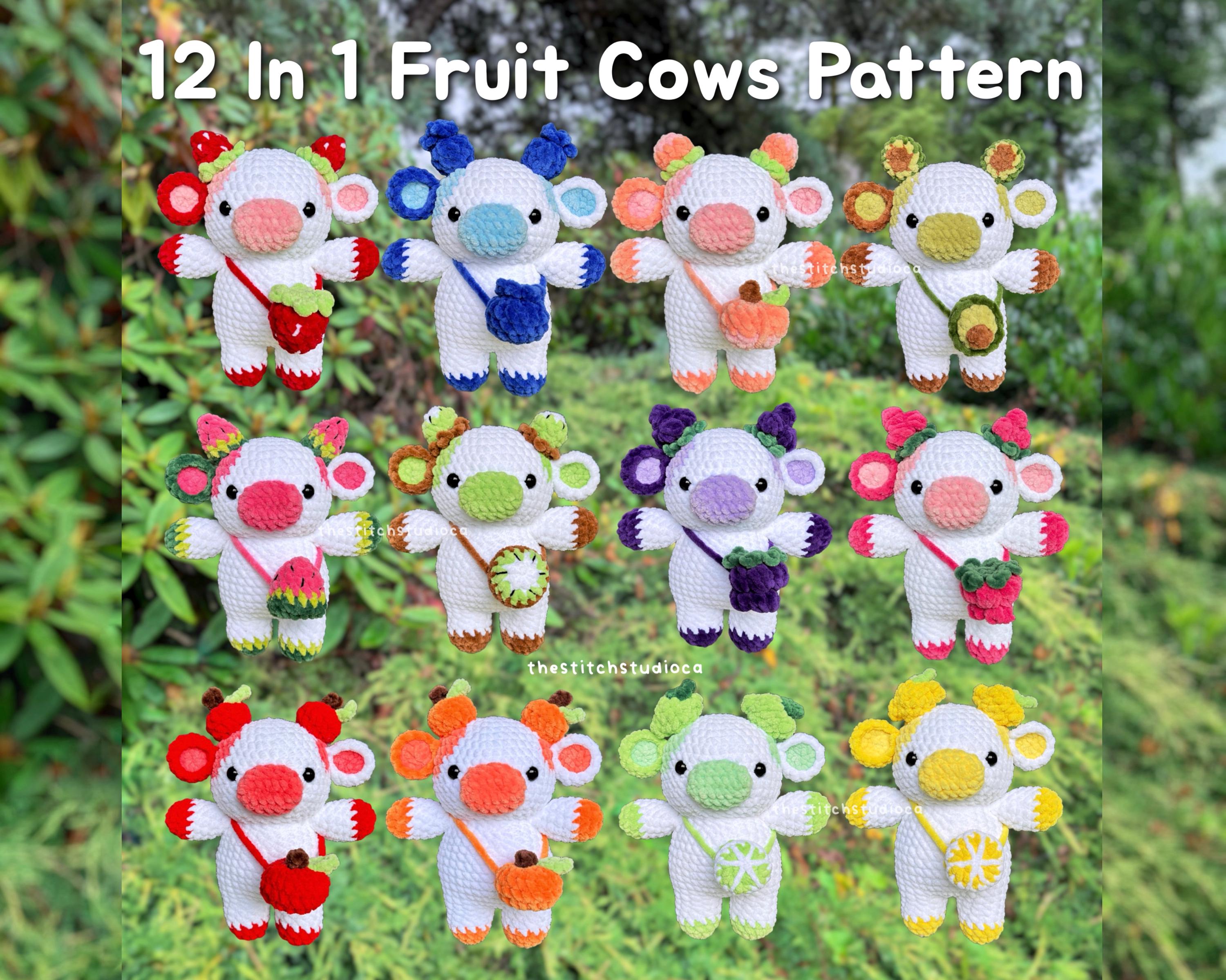 Patrón de crochet de peluche de vaca de frutas 12 en 1: fresa, arándano, melocotón, aguacate, sandía, kiwi, manzana, uva y frambuesa