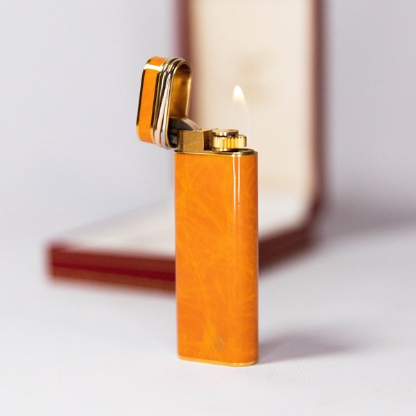 Vintage NOS Cartier Les Must lighter Trinity lighter Orange Lacquer Complete In Box