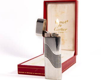 Vintage Factory Solid Silver Cartier Les Must Lighter in Box 1970s
