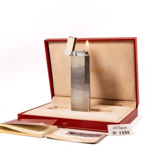 Vintage Versilbert S.T. Dupont Ligne 2 Schreibtischfeuerzeug in Box 1989
