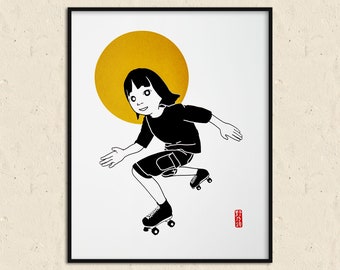 Handmade screen printing 40x50 cm limited numbered wall decoration - Jill rollerblading