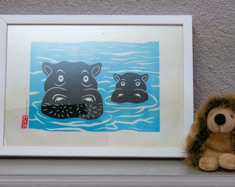 Artisanal linocut 21x30 cm limited numbered wall decoration - Mom hippo and her little one