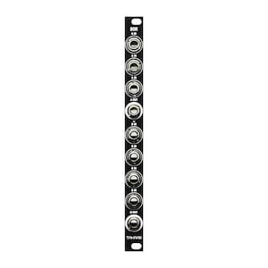 May include: Black metal panel with the text "SOR" and multiple round silver jacks labelled "A IN", "A OUT", "B IN", and "B OUT".