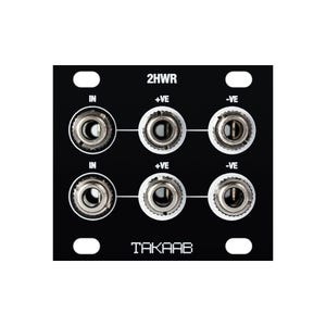 May include: Black electronic module featuring six input/output jacks. The module is labelled "2HWR" and "TAKAAB". The jacks are marked "IN", "+VE", and "-VE".