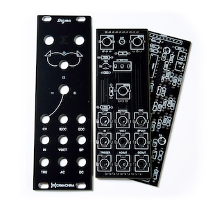 May include: Three black electronic circuit boards with white markings. The boards feature various components, including buttons, connectors, and text labels. The top board has the word "Sigma" and the text "HOXMACHINA".