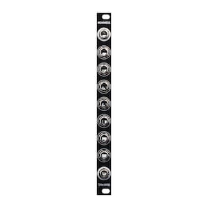 May include: Black Eurorack module with the text "NEARNESS" and "TIK-KABB" printed on it. The module has eight silver jacks.