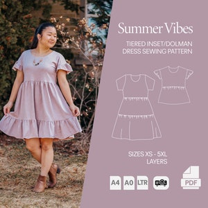 Summer Vibes Babydoll Dress Sewing Pattern, Plus size sewing pattern, Dolman, Tiered skirt, Maxi, Projector PDF by Wonderful Sews