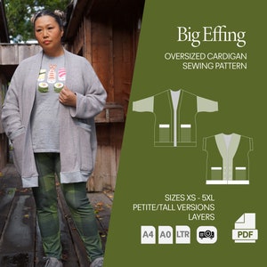 Big Effing Cardigan, Slouchy Cardigan Schnittmuster, Oversized Pullover,pdf Schnittmuster und Nähanleitung, plus size, BFC by Wonderful Sews