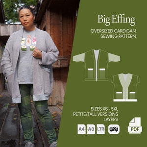 Big Effing Cardigan, Slouchy Cardigan Sewing Pattern, Oversized Sweater,pdf sewing pattern and tutorial, plus size, BFC by Wonderful Sews