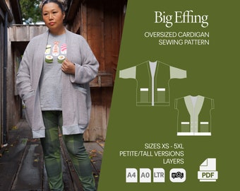 Big Effing Cardigan, Slouchy Cardigan Sewing Pattern, Oversized Sweater,pdf sewing pattern and tutorial, plus size, BFC by Wonderful Sews