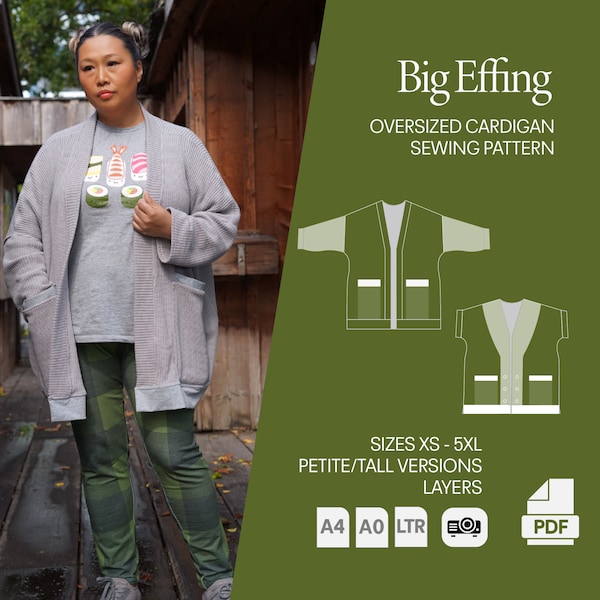 Big Effing Cardigan, Slouchy Cardigan Sewing Pattern, Oversized Sweater,pdf sewing pattern and tutorial, plus size, BFC by Wonderful Sews