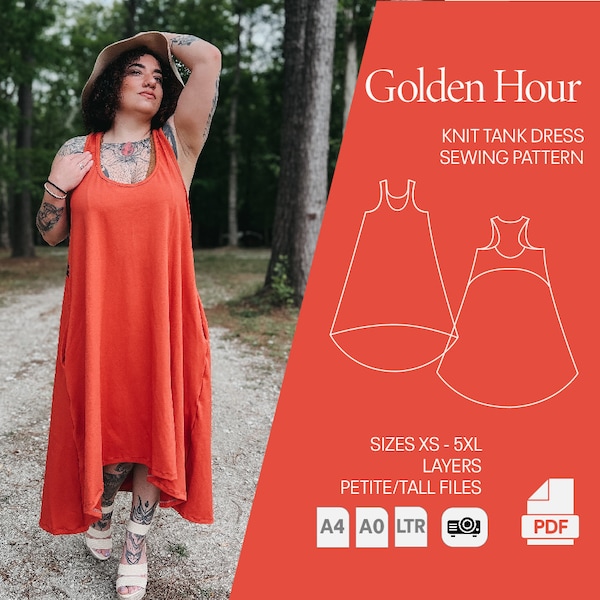 Golden Hour Dress Sewing Pattern, Projector friendly PDF, Size Inclusive Tutorial by Wonderful Sews, petite pattern, tall sewing pattern