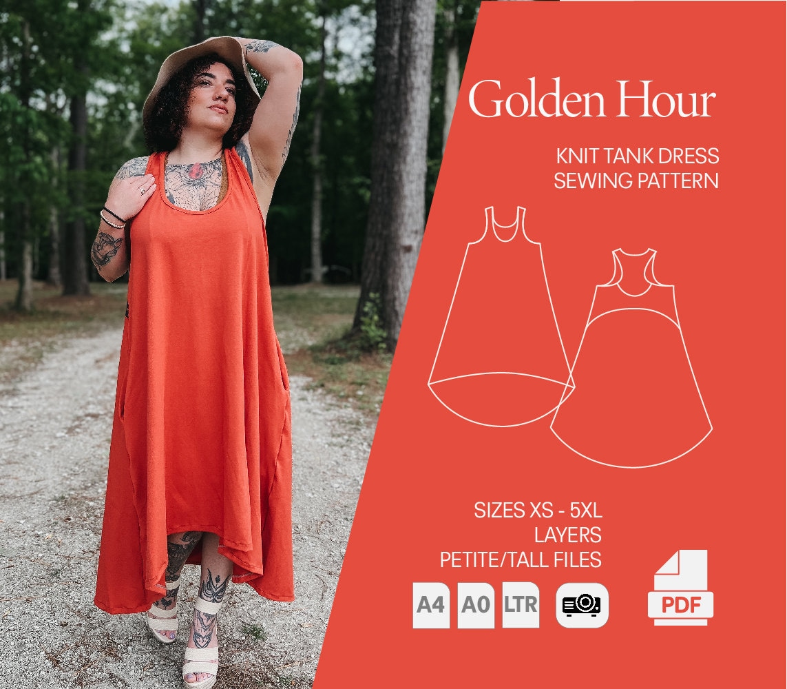 Golden Hour Dress Sewing Pattern, Projector friendly PDF, Size Inclusive Tutorial by Wonderful Sews, petite pattern, tall sewing pattern
