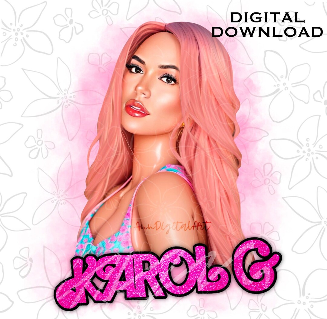 Karol G Pink Hair Barbie Princess Doll Pink Smoke Background Sublimation PNG, Digital Download
