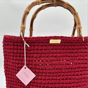 Burgunderrote Handtasche, Frauenbaumwolltasche, weinrote recycelte Baumwolltasche, handgemachte Tasche, Bambustasche, Frau Geschenkidee, Mädchentasche, weinrote Mode