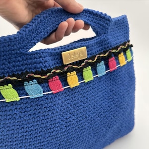 Blaue Handtasche, Sommer Geschenk Frau Tasche, häkeln Geldbörse, recycelte Baumwolle Tasche, elektrischen blauen Sommertasche, bunte Mädchen Geschenkidee, handgemachte Geldbörse