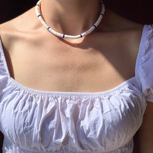 Blue Heishi Necklace Handmade Gift Idea Necklace White Beads Woman Beaded Necklace Summer Heishi Necklace Girl Gift Idea Surfer Jewelry