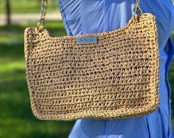 Sac en raphia pour femme beige Sac en crochet en raphia avec chaîne Sac en raphia pour fille beige sac en crochet pour l'été Sac en raphia sac beige