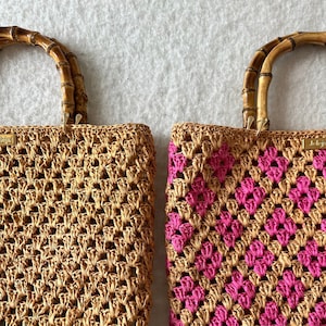 Beige Bag Bamboo Colorful Gift Idea Crochet Tote Bag Woman Raffia Handbag Girl Bamboo Bag Pink Bag Beige Handmade Tote Bag Bamboo Flower Bag