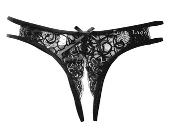 BLACK Women's Floral Lace Knickers Thong Crotchless Panties G-String Lingerie