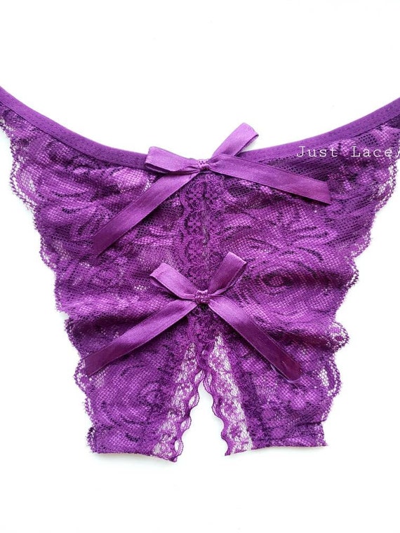 Lace up Adjustable PURPLE Floral Lace Crotchless Knickers Thong Panties  G-string Lingerie 