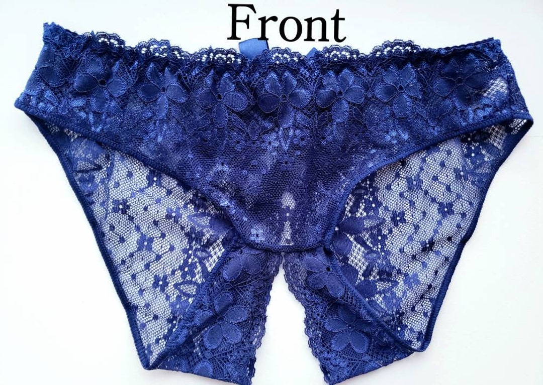 DARK BLUE/BLACK Women's Floral Lace Crotchless Knickers Wedding