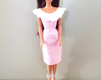 Handmade Dress of Pink w/Flower Print & Eyelet Collar for 11.5" fashion doll