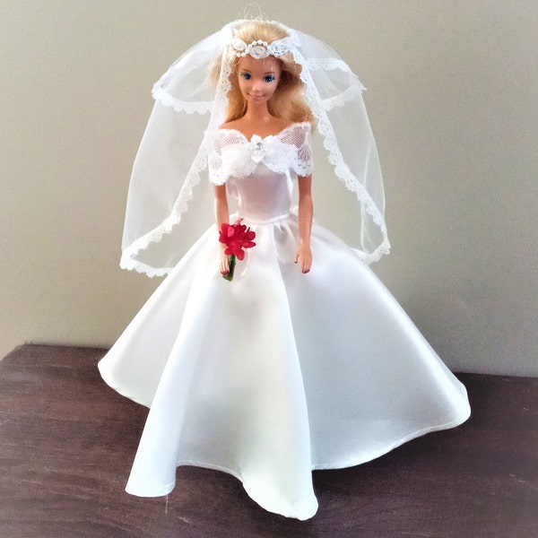 Handmade Wedding Dress Set w/gem shawl collar, tulle veil w/forehead band and red bouquet for 11.5" fashion doll