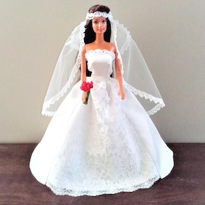 Handmade Doll Clothes - Wedding Dress Set w/front lace panel, tulle veil with forehead band and red bouquet for 11.5" fashion doll