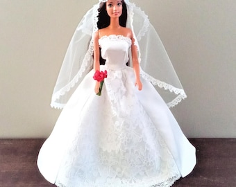 Handmade Doll Clothes - Wedding Dress Set w/front lace panel, tulle veil with forehead band and red bouquet for 11.5" fashion doll