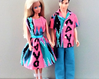 Handmade Matching Dress & Shirt/Pant Set of Coral Print for 11.5" fashion doll and 12" male doll