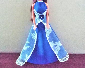 Handmade Doll Clothes - Gown in Blue Halter Style w/Lace for 11.5" fashion doll