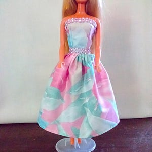 Handmade Doll Clothes - Midi-Length Dress in Blue/Lav/Pink Print w/Bling Trim at waist and around bodice for 11.5&quot; fashion doll